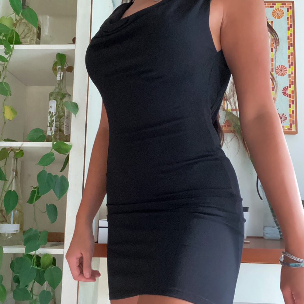 cowl neck low back mini dress